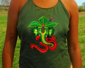 green aum ganesha women top shirt psychedelic handmade no print goa alex grey t-shirt blacklight active