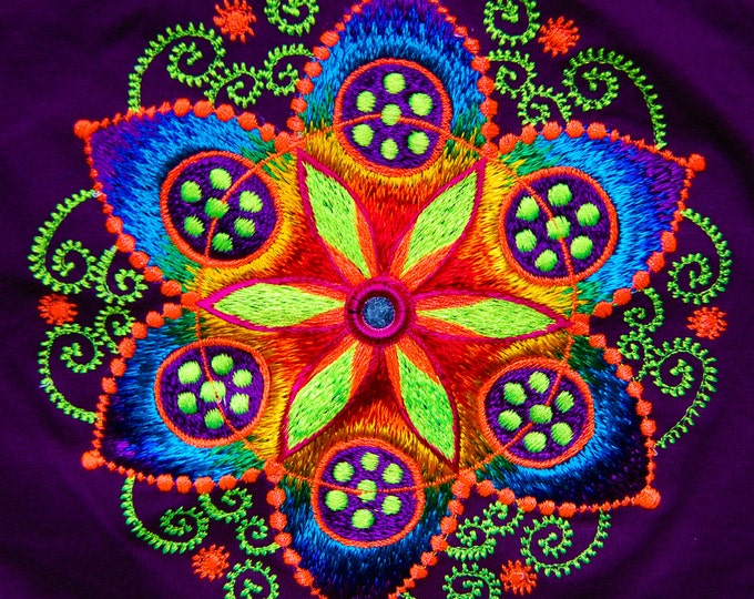 purple crop circle T-Shirt fractal flower of life blacklight handmade embroidery no print goa t-shirt