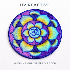 Écusson mandala AUM réactif aux UV - Applique brodée Goa psychédélique - Lueur noire de 8 cm