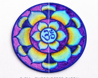 UV Reactive AUM Mandala Patch – Psychedelic Goa Embroidered Applique – 8cm Blacklight Glow