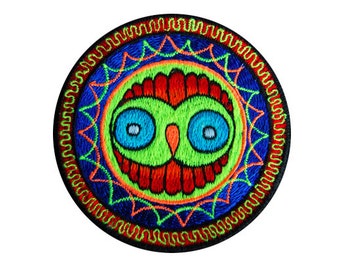 wise owl crop circle patch - alien art - blacklight - fractal flower - mystery UV glowing extraterrestrial mystery embroidery