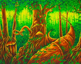 Mushroom Forest UV Painting - handmade on order blacklight active psychedelic india multiple sizes