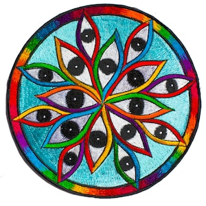 May include: A circular embroidered patch with a colorful rainbow border and a design of multiple eyes in a mandala pattern.