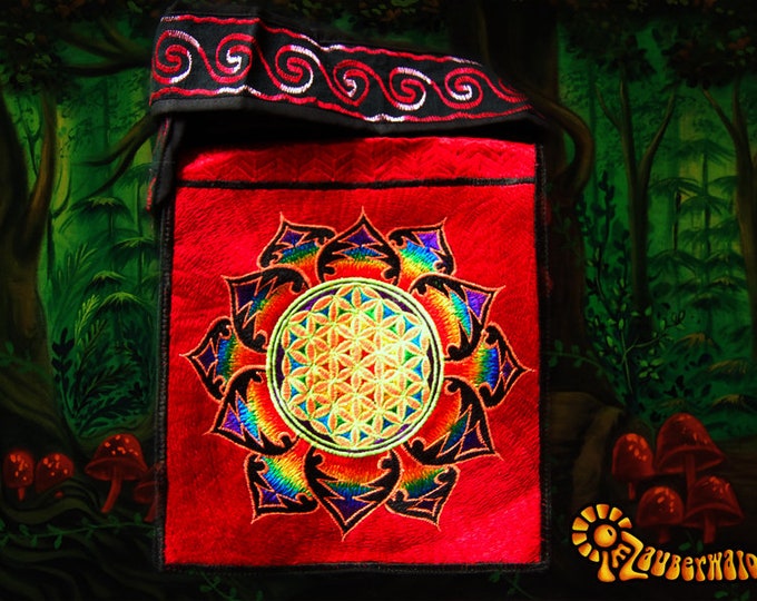 Red rainbow flower of life shoulderbag blacklight glowing handbag sacred geometry mandala