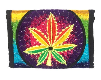 Cannabis moneypocket - blacklight glowing wallet pocket for coins and cards and 2 for papermoney with hook & loop Hemp Rasta Weed Marihuana