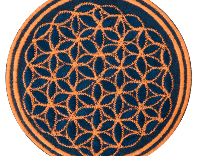 Turquese UV orange flower of life patch sacred geometry embroidery for sew on