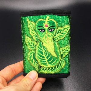 Green Ganesha moneypocket blacklight glowing wallet pocket for coins and cards and 2 for papermoney with hook & loop handmade embroidery image 1