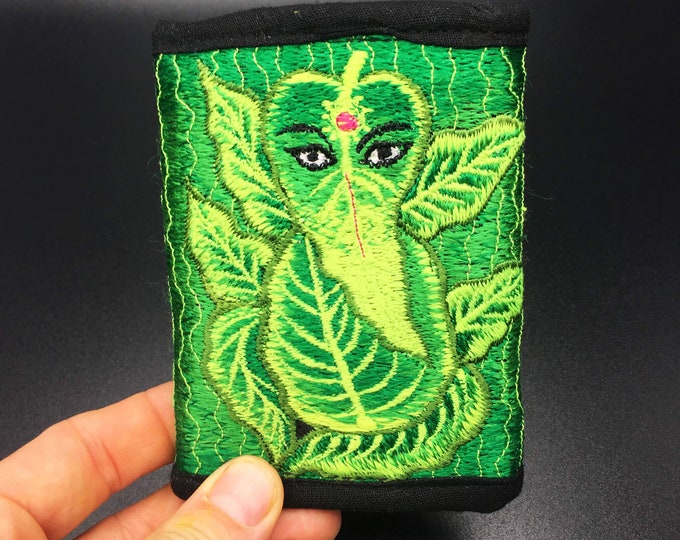 Green Ganesha moneypocket - blacklight glowing wallet pocket for coins and cards and 2 for papermoney with hook & loop handmade embroidery