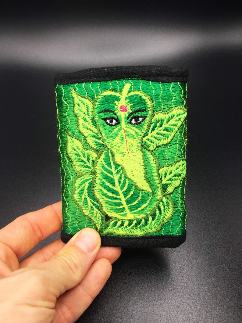 Green Ganesha moneypocket blacklight glowing wallet pocket for coins and cards and 2 for papermoney with hook & loop handmade embroidery image 1