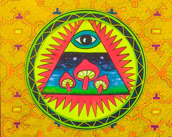 Illuminatihuasca - fully blacklight glowing painting - psychedelic UV shipibo conibo magic mushroom artwork