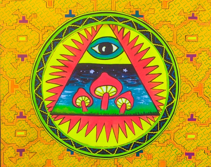 Illuminatihuasca - fully blacklight glowing painting - psychedelic UV shipibo conibo magic mushroom artwork