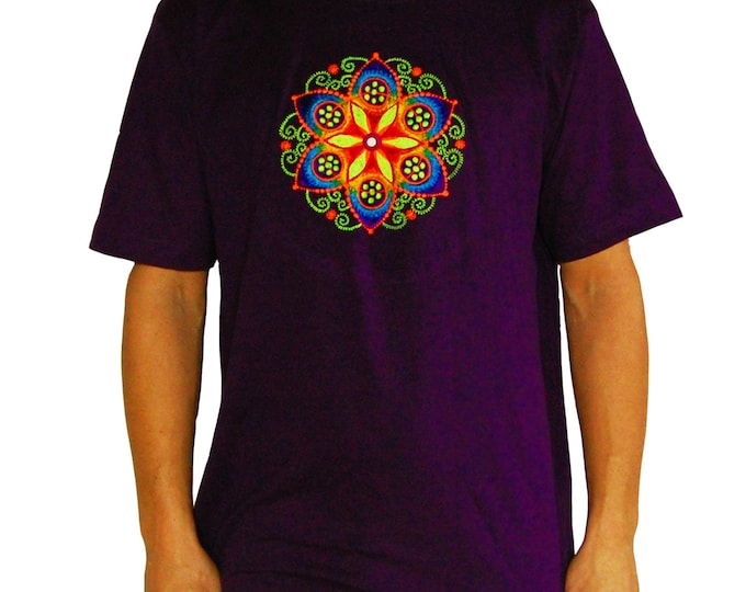 purple crop circle T-Shirt fractal flower of life blacklight handmade embroidery no print goa t-shirt