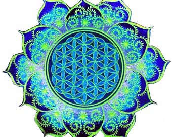 blue Flower of Life caleidoscope mandala holy geometry patch sacred art