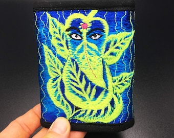 Blue Ganesha moneypocket - blacklight glowing wallet pocket for coins and cards and 2 for papermoney with hook & loop