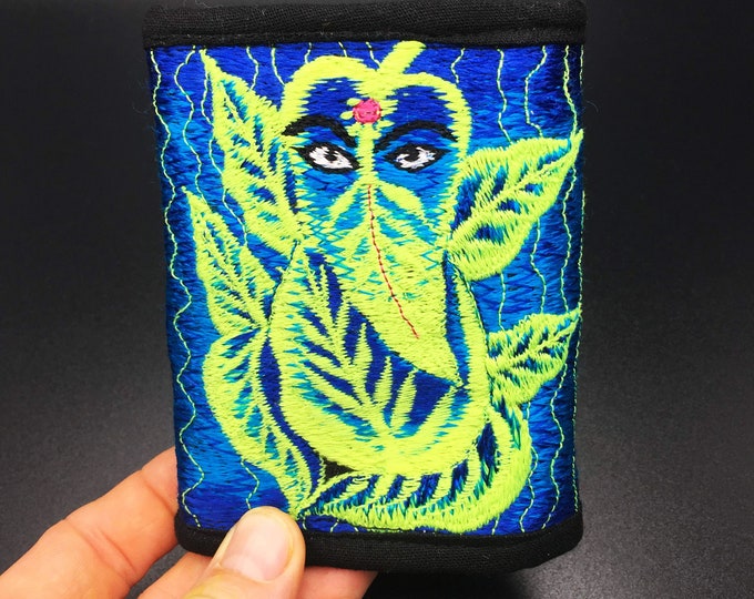 Blue Ganesha moneypocket - blacklight glowing wallet pocket for coins and cards and 2 for papermoney with hook & loop