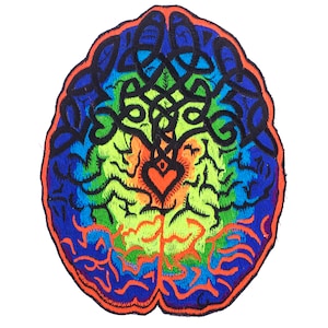 May include: A rainbow colored embroidered patch of a brain with a heart in the center and a Celtic knot design on top.