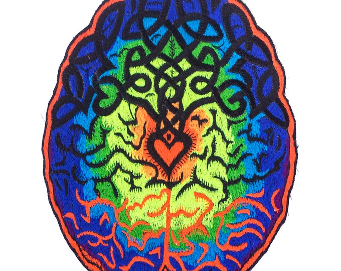 Spirit of Love Brain Heart Tree Patch psychedelic rainbow embroidery celtic patterns blacklight glowing Iboga pineal gland art