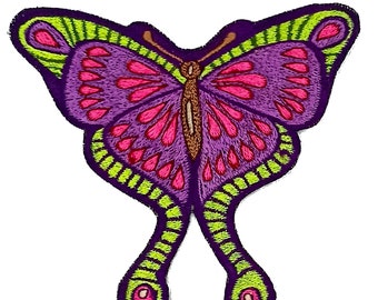 Purple UV glowing Butterfly embroidery patch Goa Trance beautiful Hippie Spirit Psytrance Art handmade blacklight UV shining for sew on