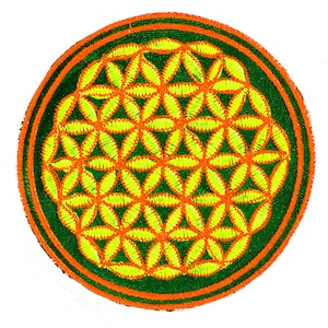 May include: Embroidered patch featuring a vibrant yellow and orange Flower of Life design. The circular patch has a green background with an orange border. The intricate geometric pattern is stitched with yellow thread.