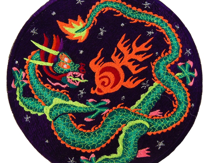 Dragon mandala embroidery patch blacklight active handmade art comet asteroid meteor