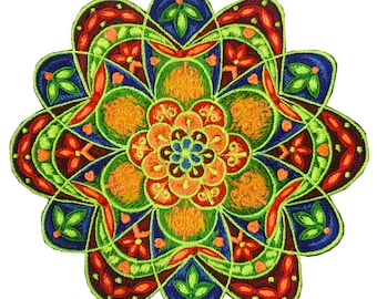 Parche Bordado Mandala Floral Psicodélico — Luz Negra UV Fluorescente Brillante | Arte Artesanal Hippie Hecho a Mano 20 cm