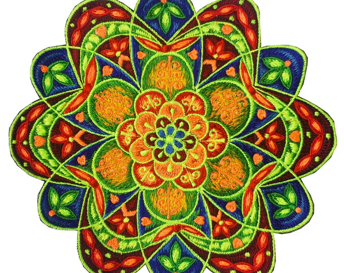Flower Mandala embroidery patch blacklight glowing magnificent psychedelic art