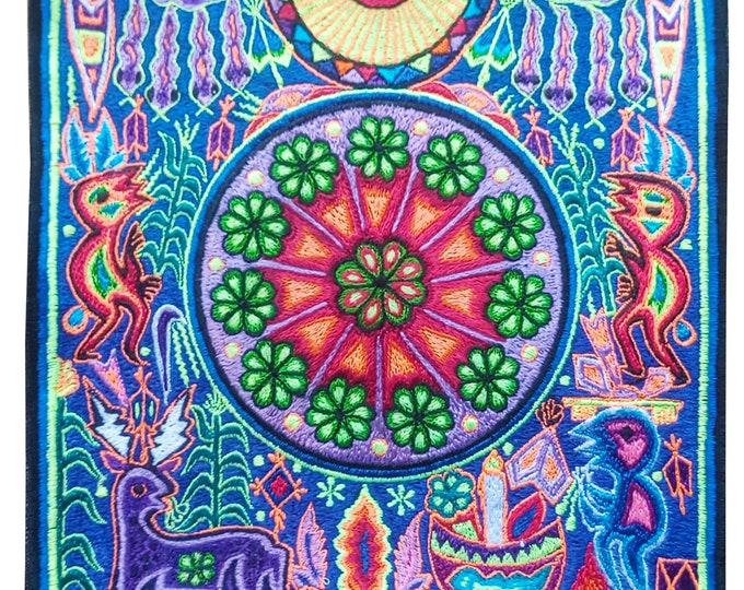 Huichol Peyote Ceremony embroidery art magic cactus artwork mescaline blacklight glowing psychedelic indigene decoration UV active glowing