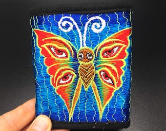 Rainbow butterfly moneypocket - blacklight glowing wallet pocket for coins and cards and 2 for papermoney hook & loop buddha eyes goa purse