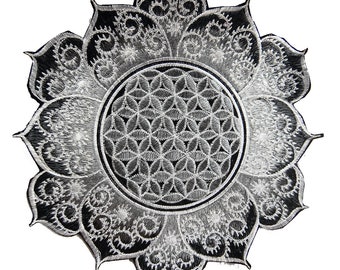 White gray Flower of Life fractal mandala holy geometry patch sacred geometry art for sew on