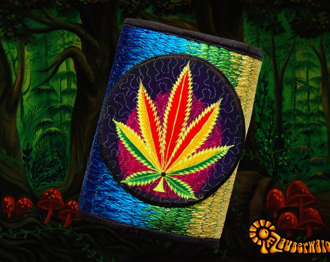 4 variations of cannabis moneypockets - pocket for coins and cards and 2 for papermoney with hook & loop - blacklight active weed thc wallet