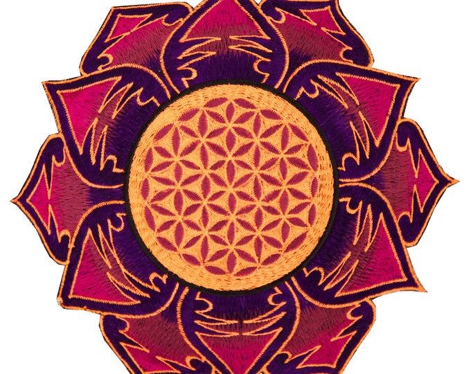 UV orange maroon Flower of Life embroidery for sew on - holy geometry sacred blacklight glowing patch