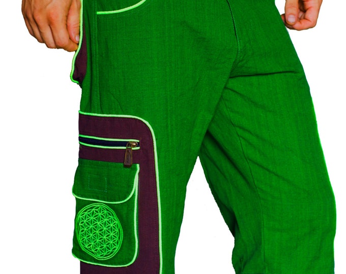Design your own pant - 8 pockets, 4 with hock&loop, 2 with zip lock - any colour and size blacklight active lines flower of life clamdiggers