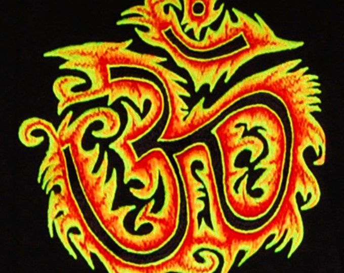 AUM fire T-Shirt blacklight handmade embroidery no print OM yantra goa t-shirt