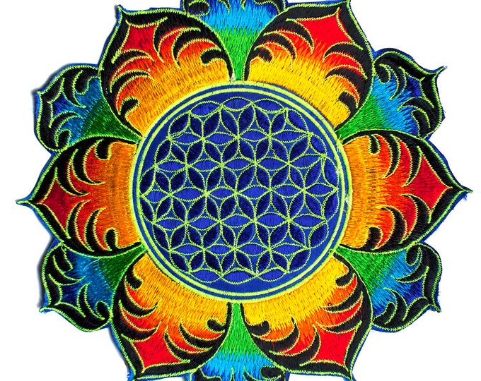 Rainbow Flower of Life holy geometry patch sacred geometry art