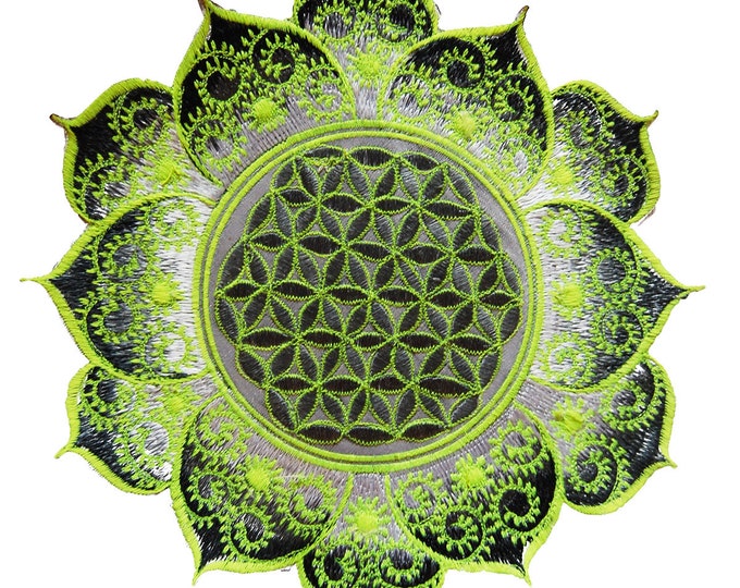 White UV yellow Flower of Life fractal mandala holy geometry patch sacred geometry art for sew on