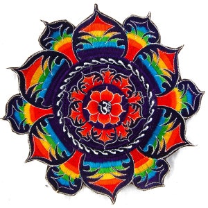 May include: Embroidered patch featuring a vibrant mandala design. The patch showcases a central red flower with an Om symbol, surrounded by concentric circles of purple, rainbow, and silver detailing. The design is reminiscent of a lotus flower.