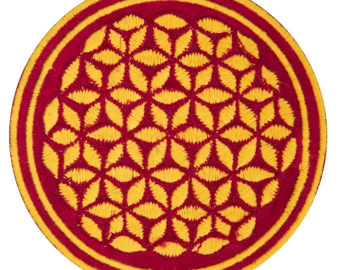 maroon UV orange flower of life patch small size embroidery application with variations - handcrafted sacred geometry