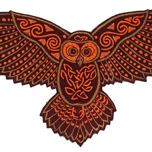 Celtic Owl Patch Embroidery with blacklight glowing UV colors - beautiful owl flies high and watches through the night of the magic forest