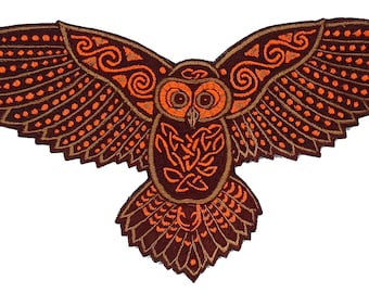 Celtic Owl Patch Embroidery with blacklight glowing UV colors - beautiful owl flies high and watches through the night of the magic forest