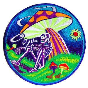 May include: Embroidered patch featuring a skeleton sitting under a mushroom with a psychedelic design. The mushroom is orange, purple, and white, and the background is blue with green grass and a yellow sun.