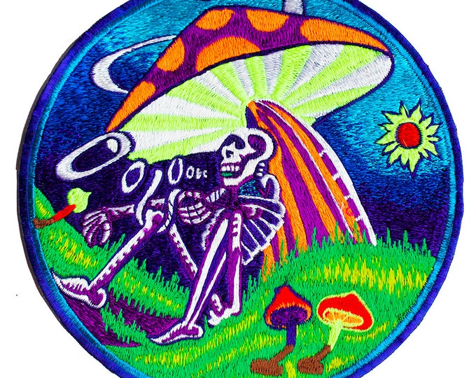 Mushroom Skeleton blacklight UV Patch psychedelic embroidery LSD skull magic mushrooms psilos psilocybin Grateful Spirit of the Dead
