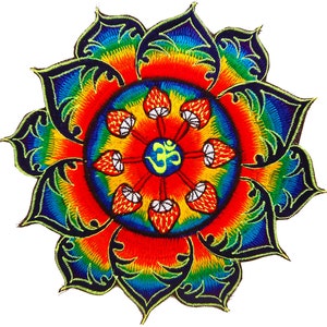 May include: Embroidered patch featuring a vibrant lotus flower design. The patch showcases a rainbow of colors, including red, orange, yellow, green, and blue, with a black outline. The center includes a blue circle with the Om symbol and red mushroom-like shapes.