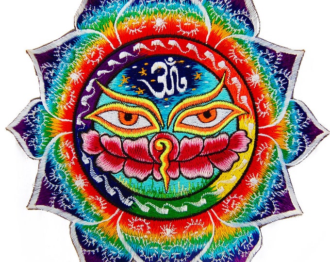 Eyes of Buddha T-Shirt blacklight aum buddhism rainbow embroidery no print goa t-shirt
