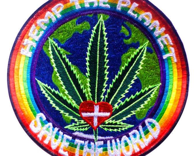 Hemp the planet - save the world patch 7.5 inch THC healing Medical Marihuana Cannabis embroidery  build houses, make fuel and clothing