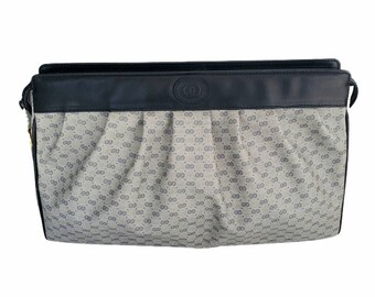 GUCCI Vintage Sherry Line GG Web PVC Canvas Leather Navy