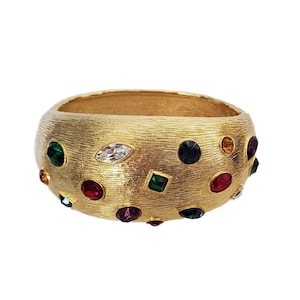 Vintage BYZANTINE Style Multi-Colored Crystal Gold Tone Chunky Clamper Bracelet