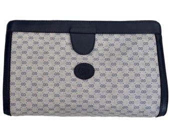 Vintage Authentic GUCCI PLUS GG Monogram Navy Blue Leather Coated