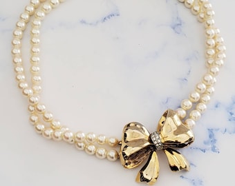 Vintage Signed CRAFT Faux PEARL Double Strand BOW Collar Choker Gold Tone Necklace