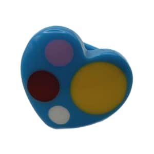 May include: A bright blue heart-shaped ring featuring a smooth, glossy finish. The surface is decorated with four inlaid circular accents in solid colors: a large yellow circle, a medium-sized dark red circle, a small lavender circle, and a small white circle.