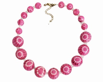 Super Chunky PINK Flower Eyeball LUCITE Graduated Beaded Statement Necklace